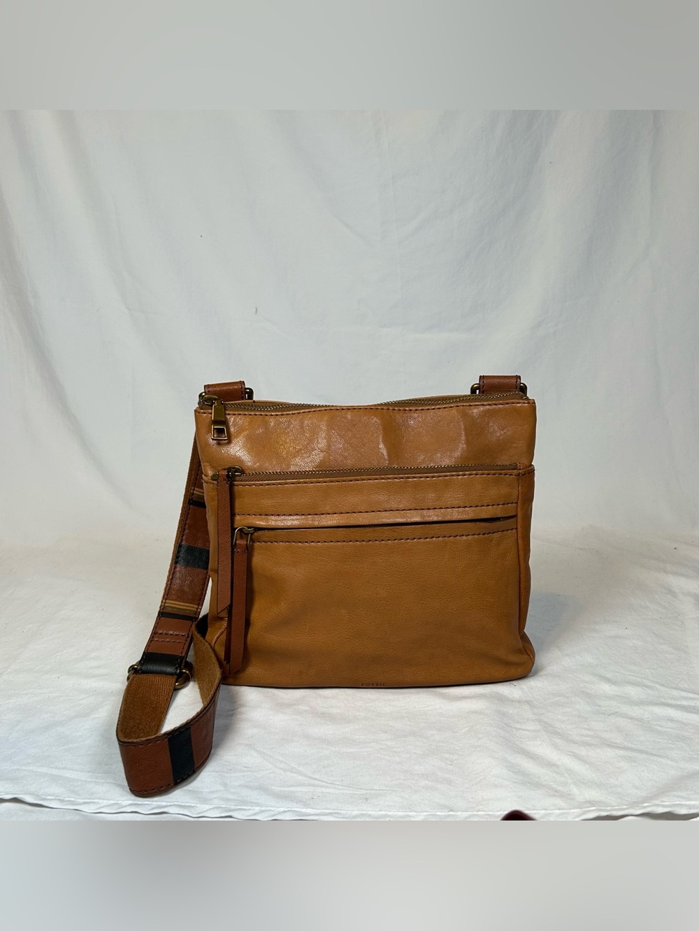 Fossil Tan Leather Corey Striped Adjustable Strap Cross Body Shoulder Bag